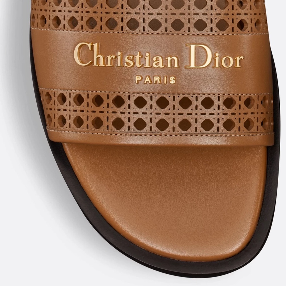 Dior D-Lane Dway Micro Cannage Chestnut Brown Leather Logo Slide Flat Sandal 39 - Picture 9 of 16
